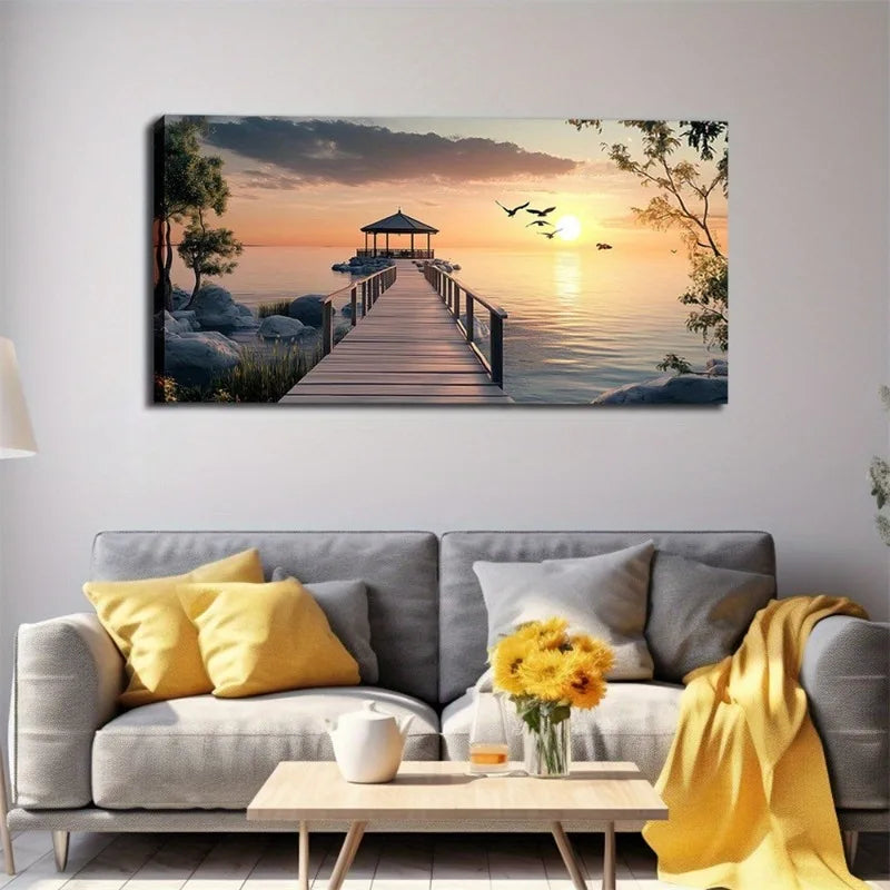 1 Piece Frameless Sunset Lake Boardwalk Gazebo Landscape Canvas Wall Art Painting Home Decor Peaceful Pleasures Health and Wellness