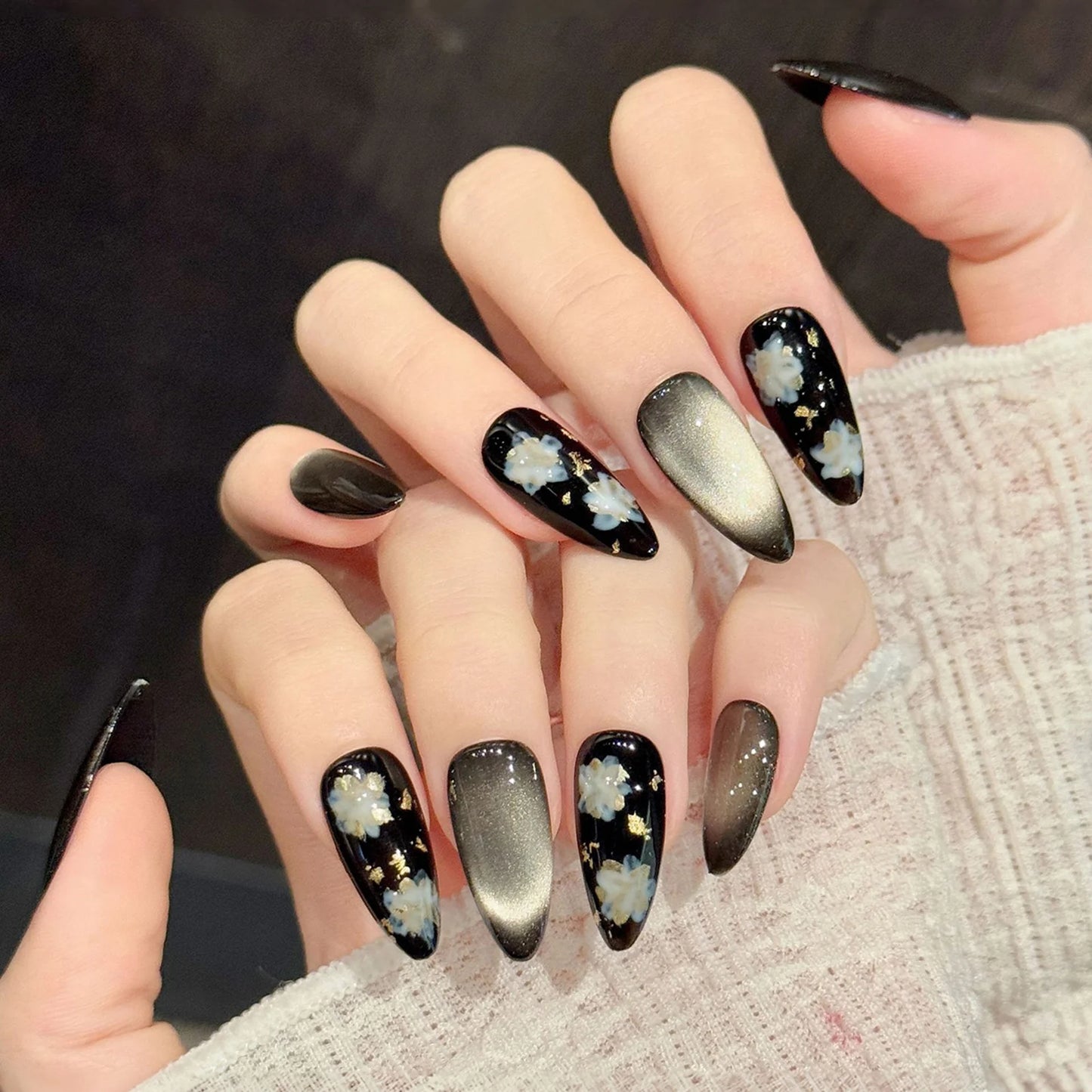 10pcs Handmade Black Cat Eyes False Nails Press On Nails With Gold Foil Floral Designs Long Almond French Wearable Nail Tips Peaceful Pleasures Health and Wellness