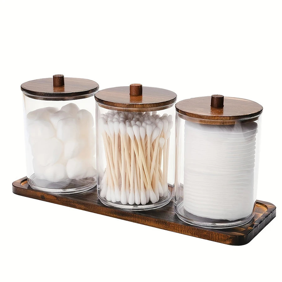 Clear Apothecary Qtip & Cotton Ball Holder with Vanity Tray – 10 oz Bathroom Organizer