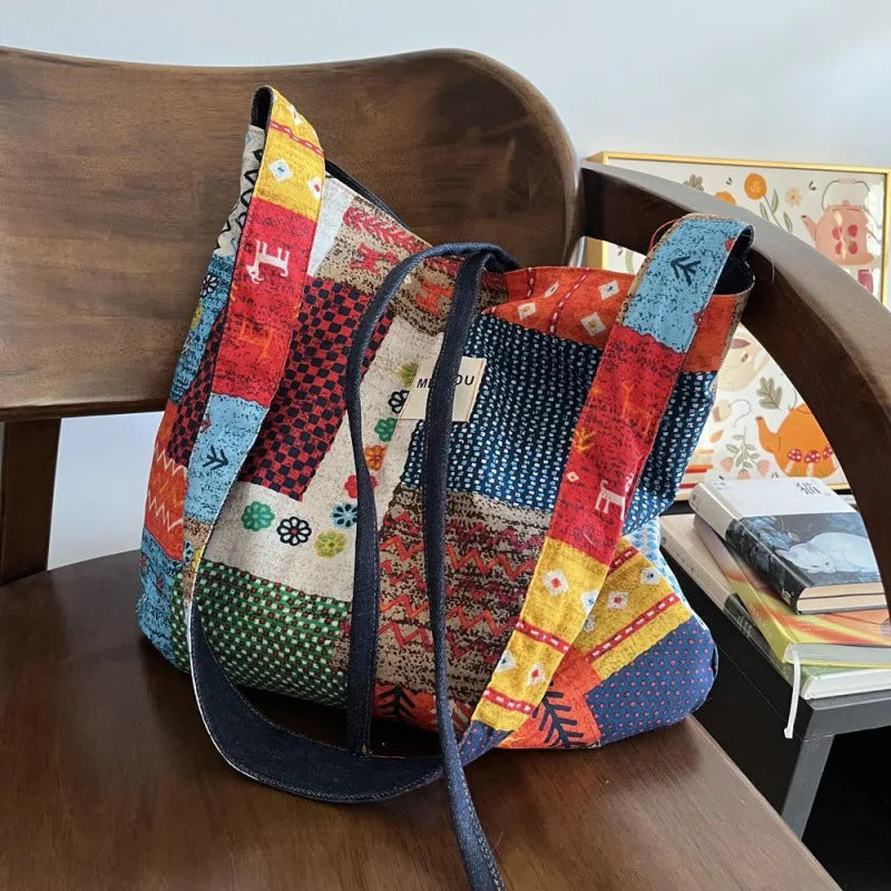 Double-Sided Bohemian Denim Canvas Tote Bag Vintage Contrast Color Commuter Handbag For Women Peaceful Pleasures Health and Wellness