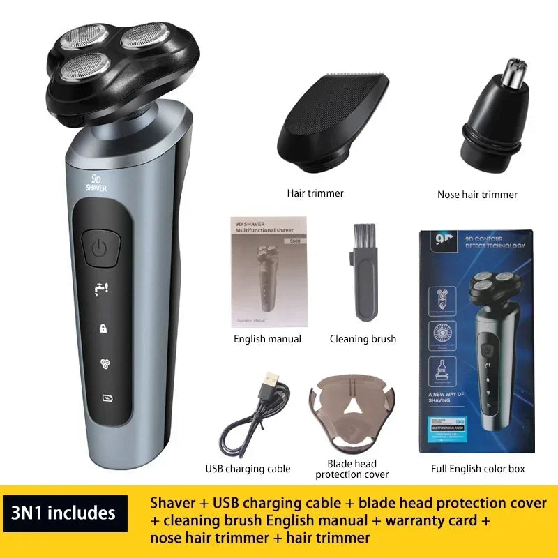 Electric Shaver Waterproof Electric Trimmer Razor Wet And Dry Use Rechargeable Battery Rotary Shavers Machine Shaving For Men Peaceful Pleasures Health and Wellness Silver 3in1