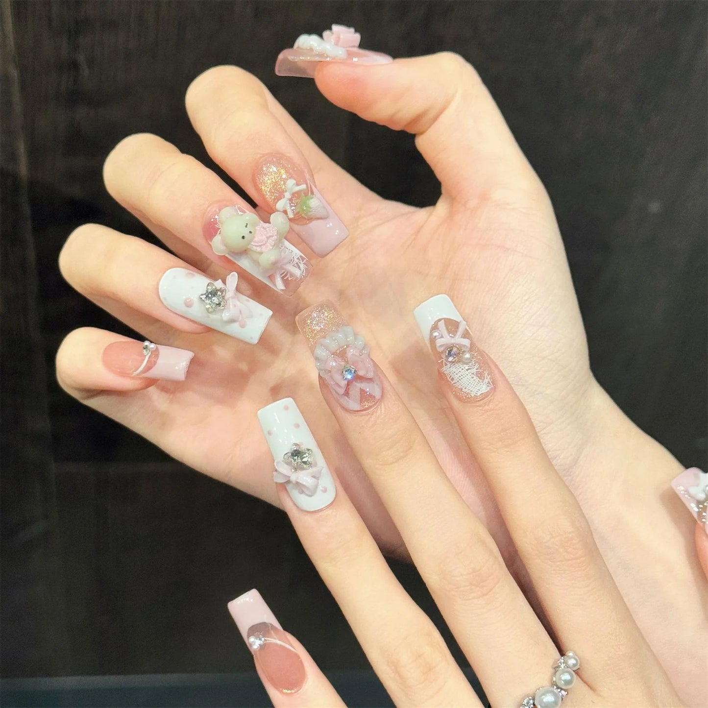 Handmade Press On Nails Pink Gold Cat Eye Bear Strawberry 10pcs