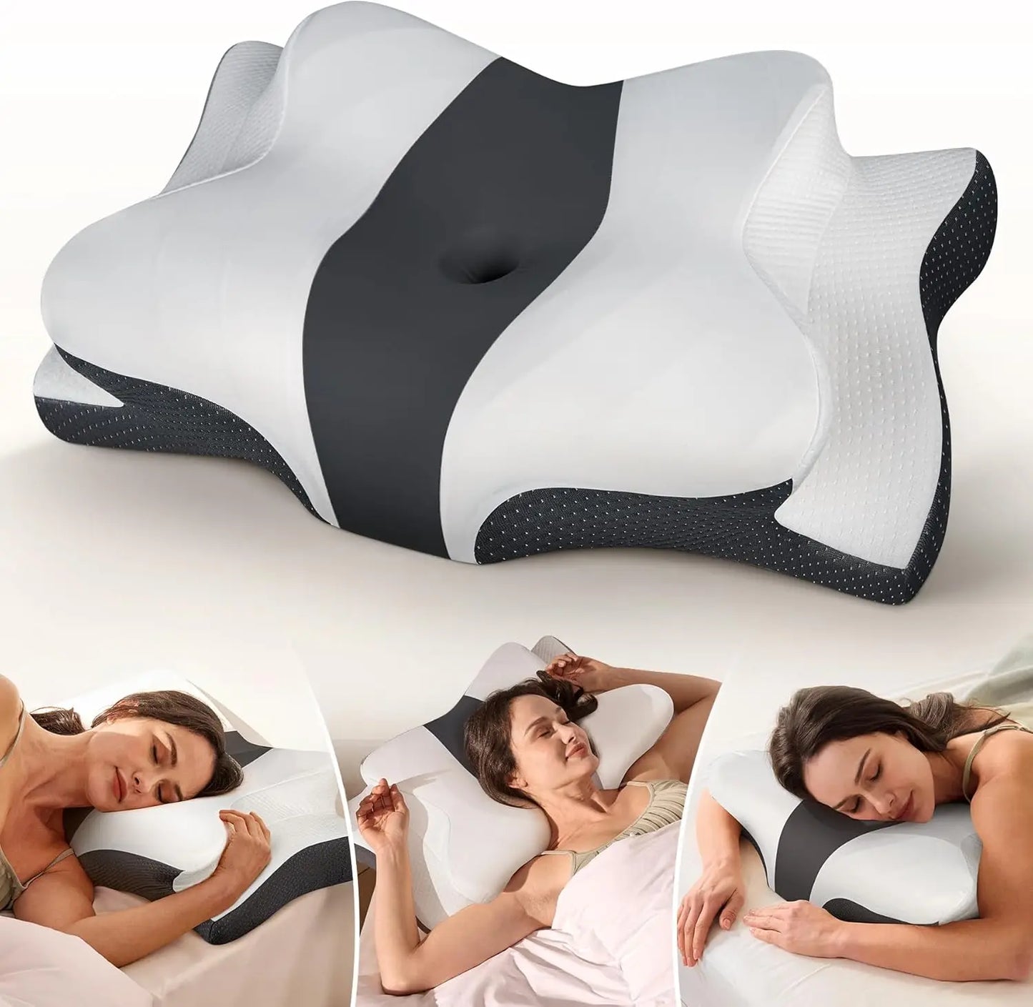Ergonomic pillow with a woman using it in various positions on a white background