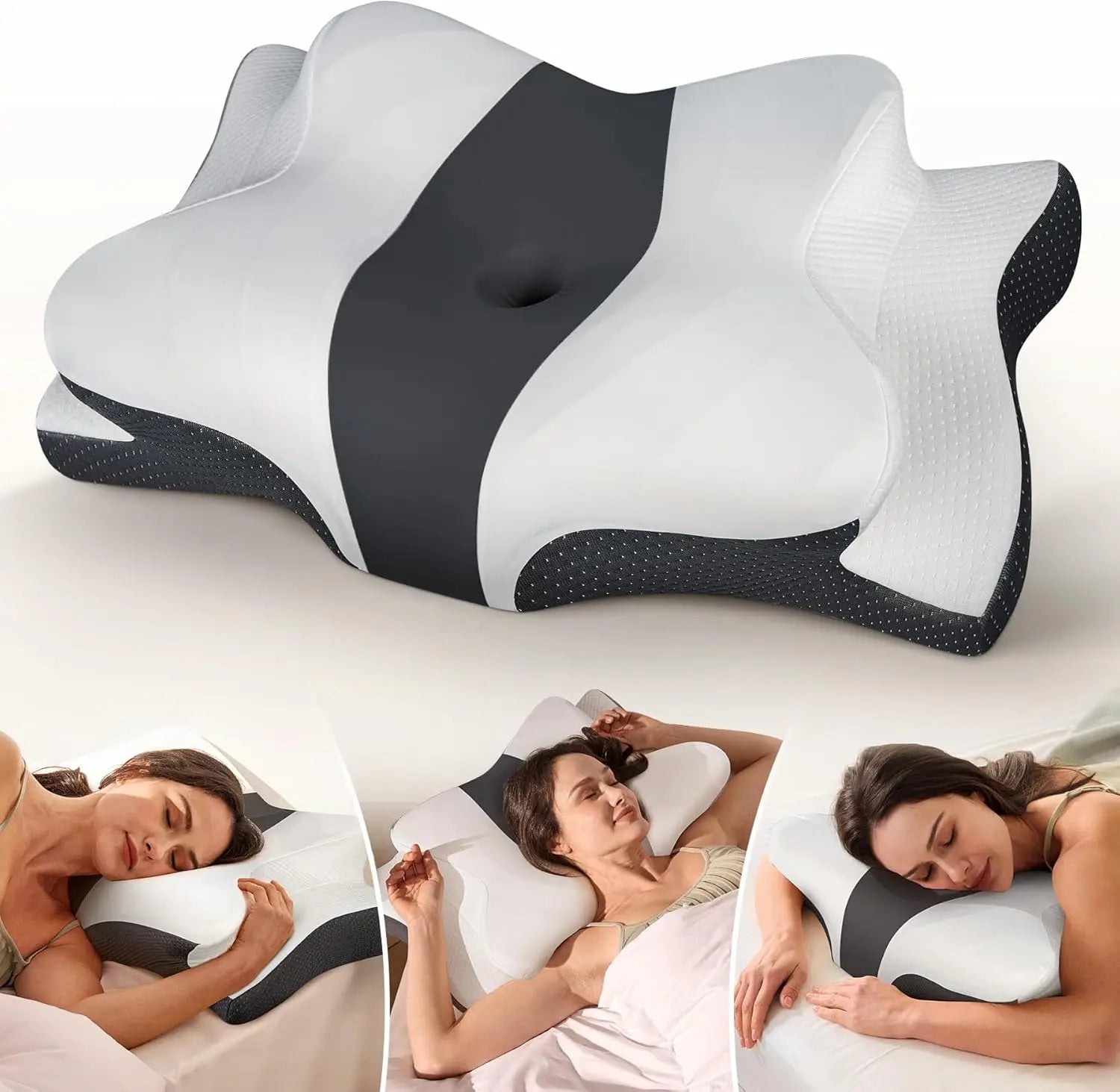 Ergonomic pillow with a woman using it in various positions on a white background