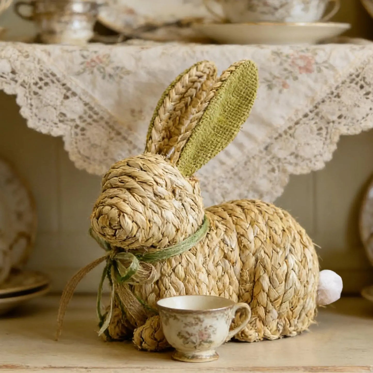 Woven Easter Bunny Figurine | Rustic Spring Rabbit Decor Statue