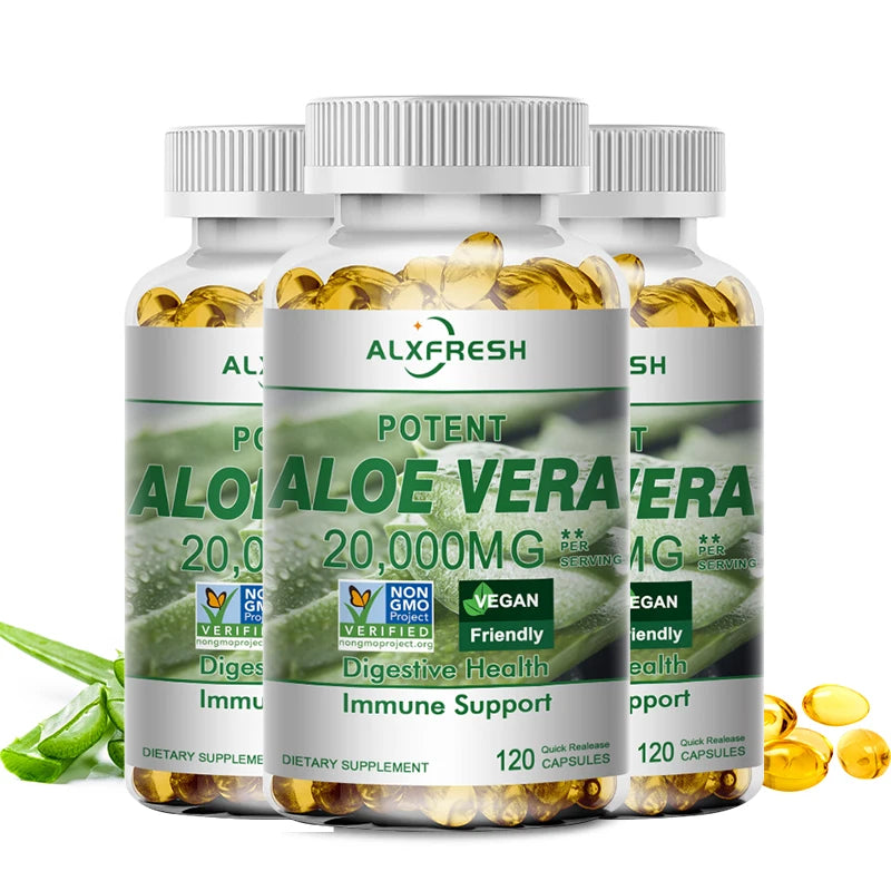 Aloe Vera Capsules Improve Digestive Health Soothe The Intestines Provide Antioxidant Detoxifying Effects Promote Skin Health Peaceful Pleasures Health and Wellness 3 Bottles 120PCS
