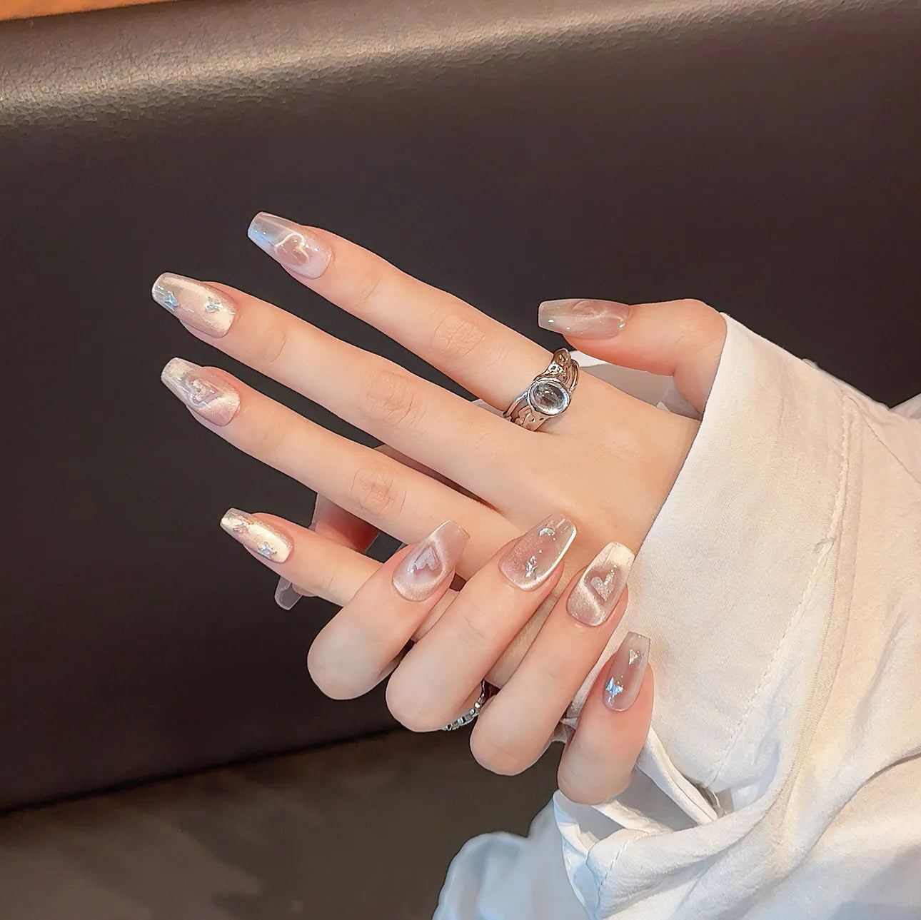 Sweet Pink Cat Eye Press-On Nails | Korean Oval Manicure Set