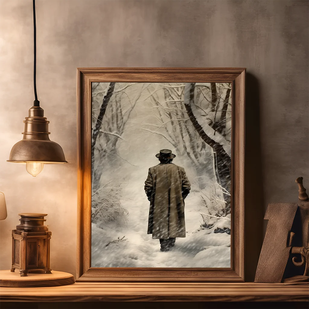 Winter PlantWall Art, Watercolor Walking Man Canvas Painting, Nordic Snowy Landscape Poster Print for Bedroom Living Room Décor Peaceful Pleasures Health and Wellness