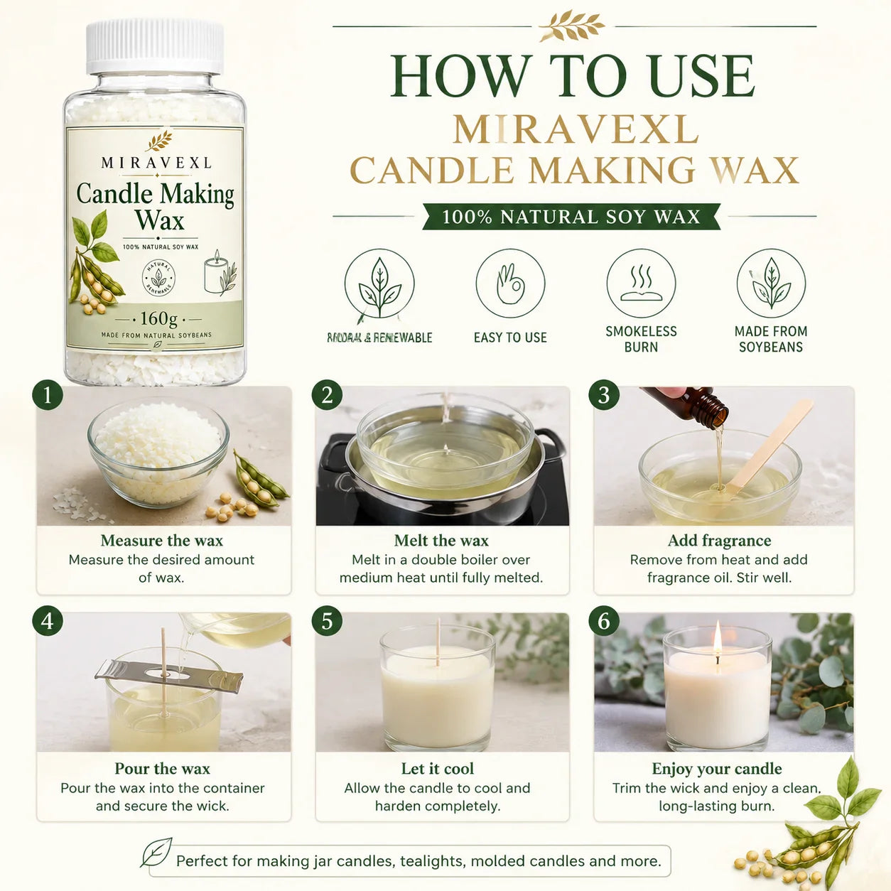 MIRAVEXL Natural Soy Wax Flakes 160g & Pearl Shimmer Pigment