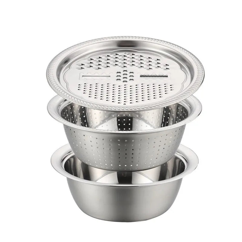 New 3pcs Stainless Steel Multi-Functional Kitchen Grater Set Draining Bowl with Vegetable Washing Mandoline Slicer for Potato Peaceful Pleasures Health and Wellness