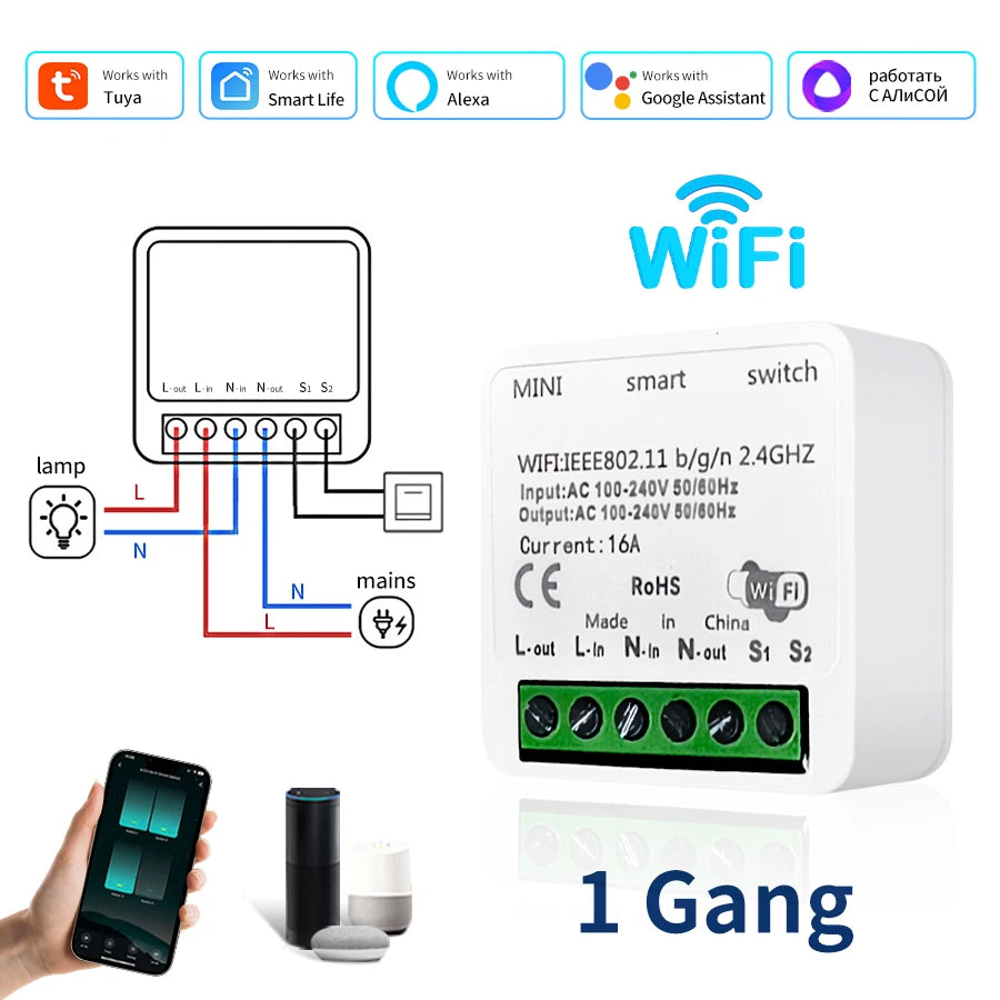 1/2CH Tuya WiFi Smart Switch 100-240V 16A Relay Breaker Works with Smart Life App Alexa Google Assistant Smart Automation Module Peaceful Pleasures Health and Wellness 1CH WiFi Switch