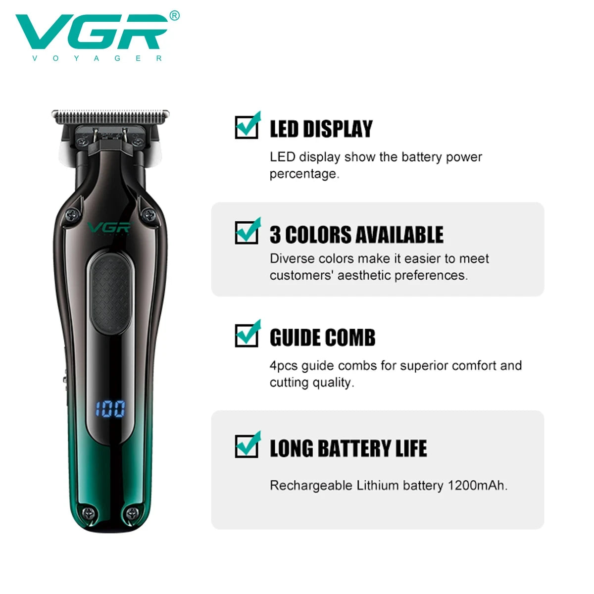 VGR 998 New Design Men's Cordless Rechargeable Professional Hair Clipper Gradient Color Precision Carving Electric Push Clipper Peaceful Pleasures Health and Wellness