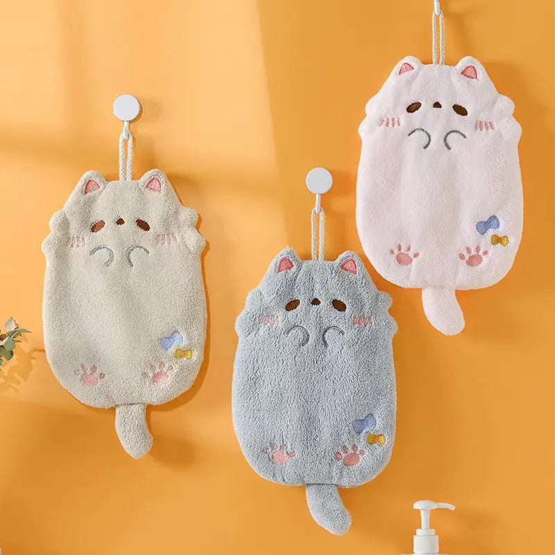 Cute Cartoon Cat Hanging Hand Towel Coral Fleece Non-shedding Thick Cloth High Appearance Level Kitchen Bathroom Absorbent Towel Peaceful Pleasures Health and Wellness