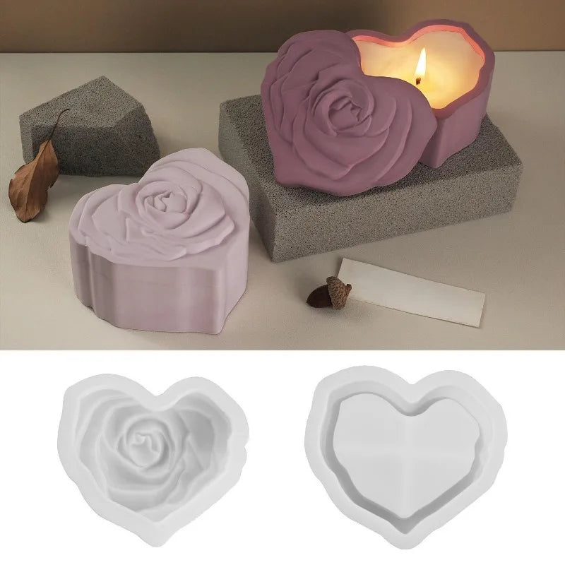 Heart Shape Rose Storage Box Silicone Mold Lid DIY 3D Carved Candle