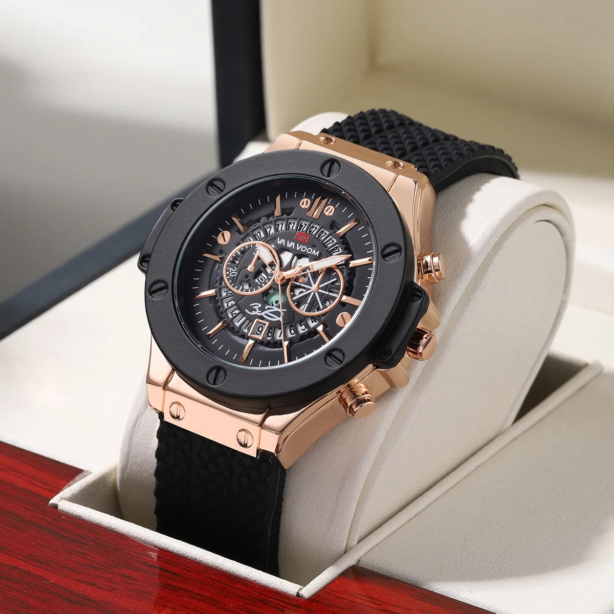 Black Silicone Mens Hand 46mm Hollowed Out Large Dial Rose Gold Fashionable Military Style Original Quartz Movement Sports Watch Peaceful Pleasures Health and Wellness