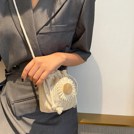 Rattan Straw Woven Crossbody Bucket Bag | Flower Shoulder Bag