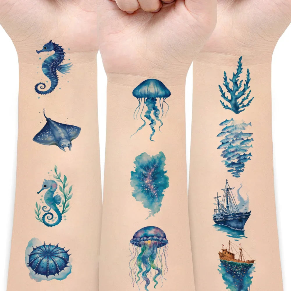 63-Piece Watercolor Sea Creature Temporary Tattoo Stickers