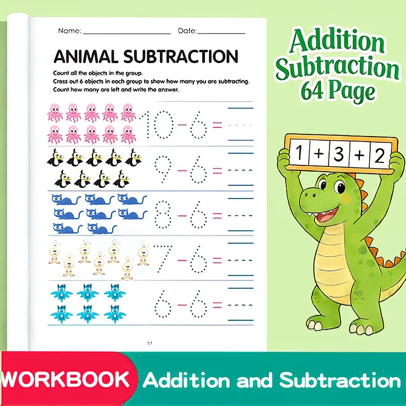 64 Pages Addition Subtraction Math Workbook Kids Interactive Learning