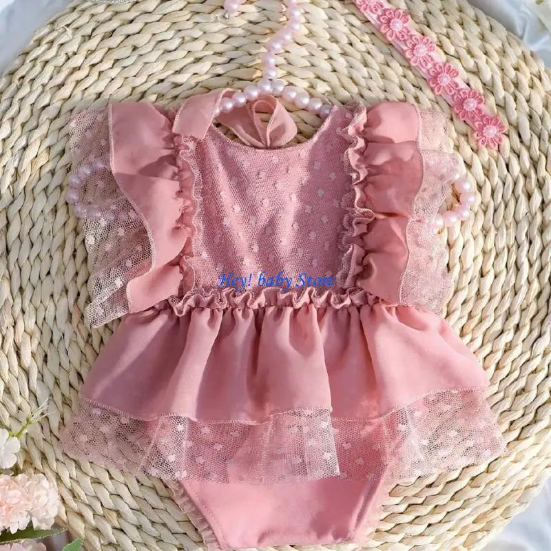 Baby Girl Photography Props – Lace Romper & Flower Headband Set