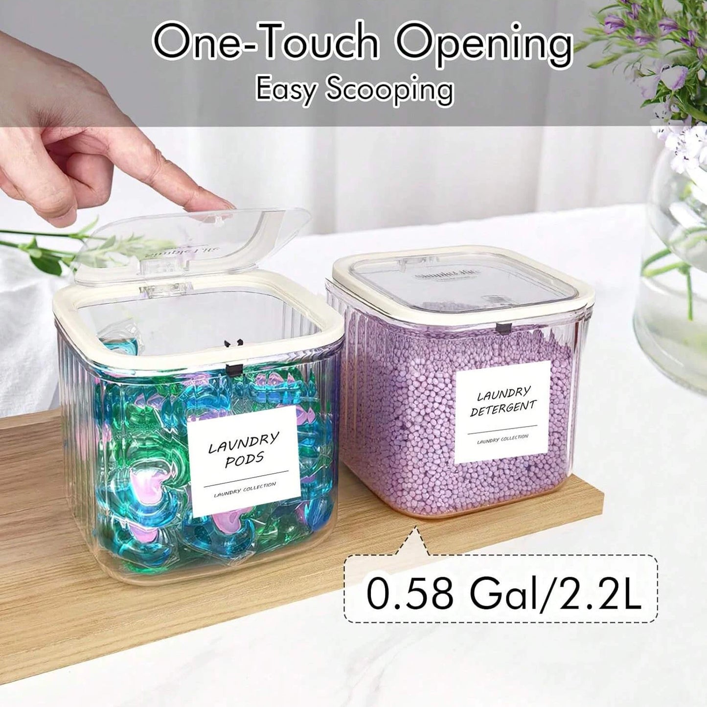 Laundry Pods Container with Pop-Up Lid – Clear Storage Organizer with Labels for Laundry Room