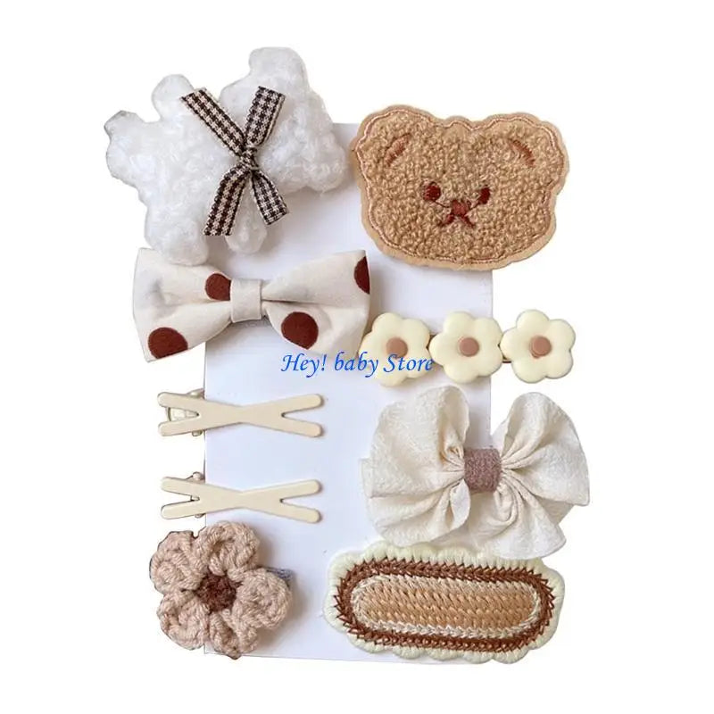 9-Piece Cartoon Bear & Bow Hair Clip Set for Baby Girls