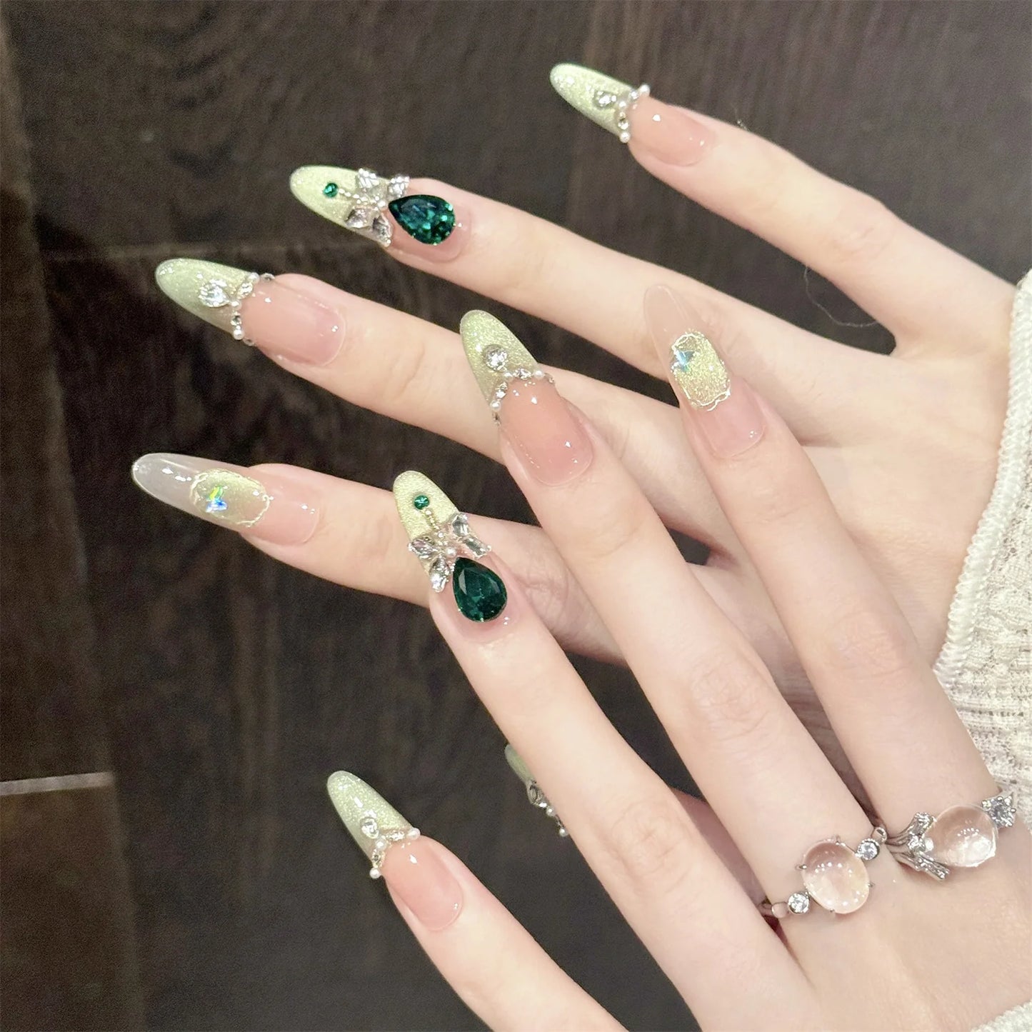Handmade Press On Nails Glitter Green Rhinestone Gradient
