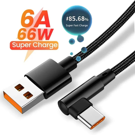 66W 6A USB-C Fast Charging Cable 90° Elbow | 0.25m–3m USB-C Charging Cable Peaceful Pleasures Health and Wellness