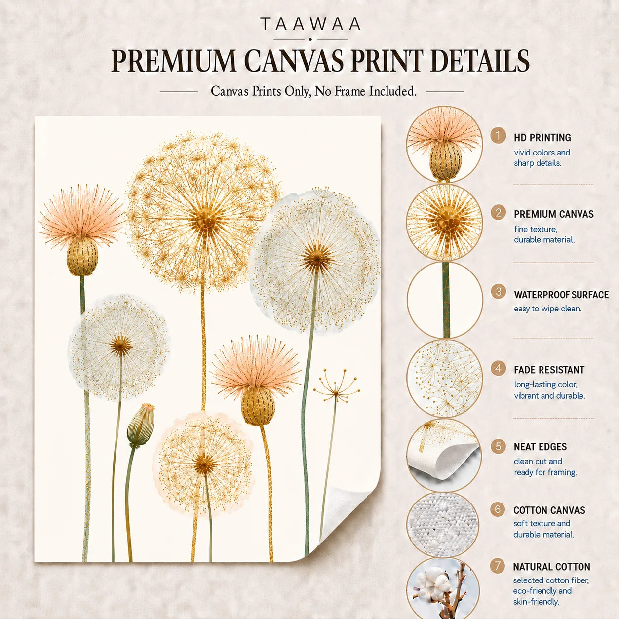 Nordic Dandelion Wall Art Gold Botanical Canvas Painting Poster Print Bedroom Living Room Decor Peaceful Pleasures Health and Wellness