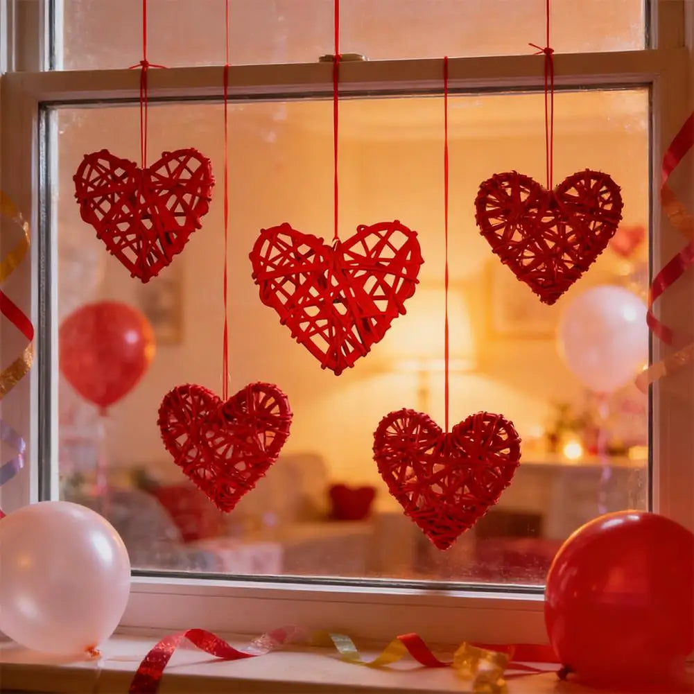 10pcs Red Rattan Heart Ornaments – Rustic Handcrafted Decor