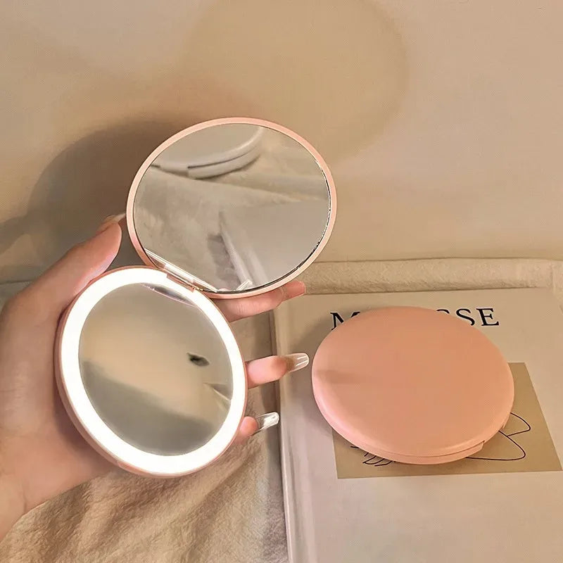 New Makeup Mirror Portable Portable Small Mirror with Light LED Touch Up Mirror Pocket Handheld Illuminated Folding Round Mirror Peaceful Pleasures Health and Wellness pink 1