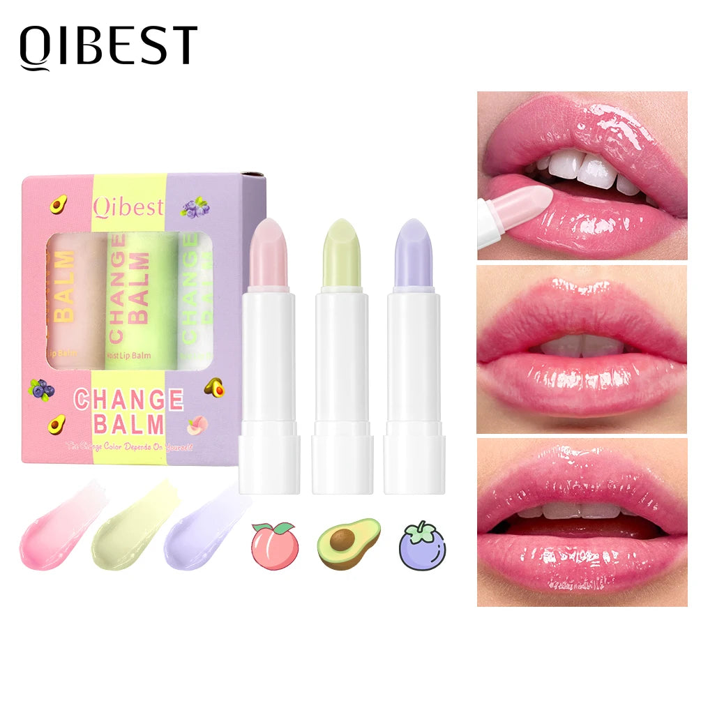 QIBEST 3 PCS Color Changing Lip Balm Sets Tinted Lipstick Moisturizing Lasting Lip Stain Nourishing Repair Lip Care Cosmetics Peaceful Pleasures Health and Wellness 3 Colors Sets