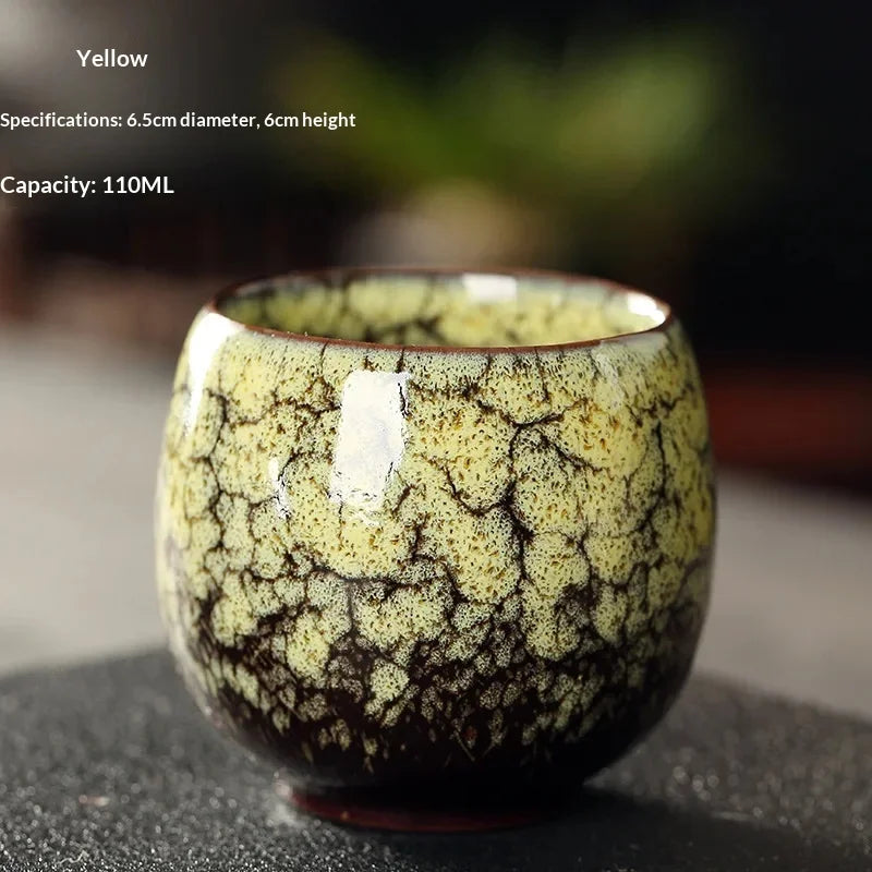 New Ceramic Kung Fu Tea Set with Kiln Transformation, Single Cup Tianmu Glaze, Main Tea Tasting Cup, Egg Shaped Small Tea Bowl Peaceful Pleasures Health and Wellness 07 110ML