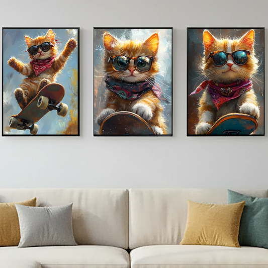 Animal Wall Art, Nordic Cool Skateboard Cat Street Style Canvas Painting, Trendy Poster Print for Bedroom Living Room Wall Decor Peaceful Pleasures Health and Wellness