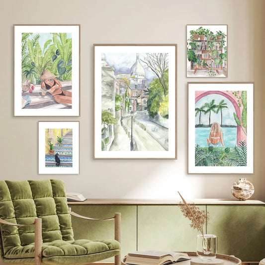 Watercolor Travel Wall Art Mural Boho Cityscape Beach Landscape Prints Girl Plant Modern Aesthetic Canvas Posters Home Decor Peaceful Pleasures Health and Wellness