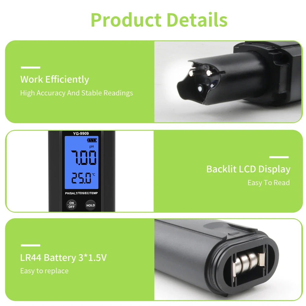 5 in 1 Digital Water Quality Tester Pen TDS EC Temp Salinity PH Meter for Drinking Water Hydroponics Aquariums Pools Peaceful Pleasures Health and Wellness