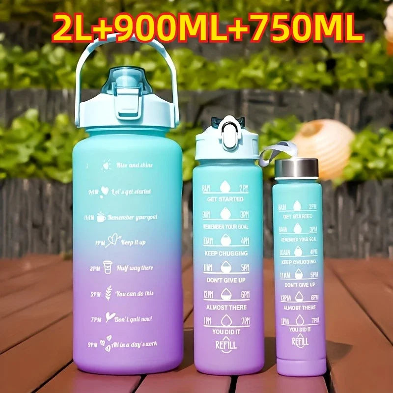 2L Motivational Sports Water Bottle with Time Marker & Straw