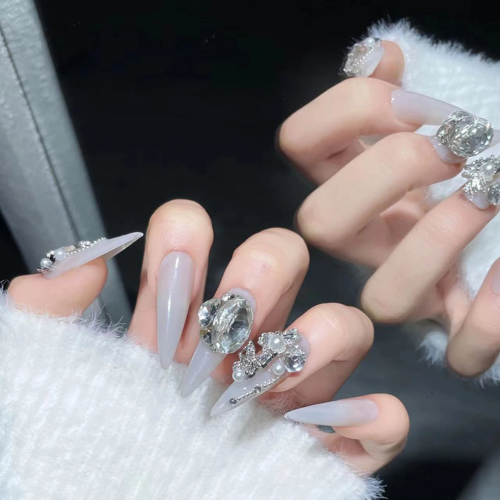 Handmade Press On Nails with Shiny Rhinestone Design Stiletto False Nails Glitter Crystal Pearl Long Pointed Fake Nail Tips Peaceful Pleasures Health and Wellness