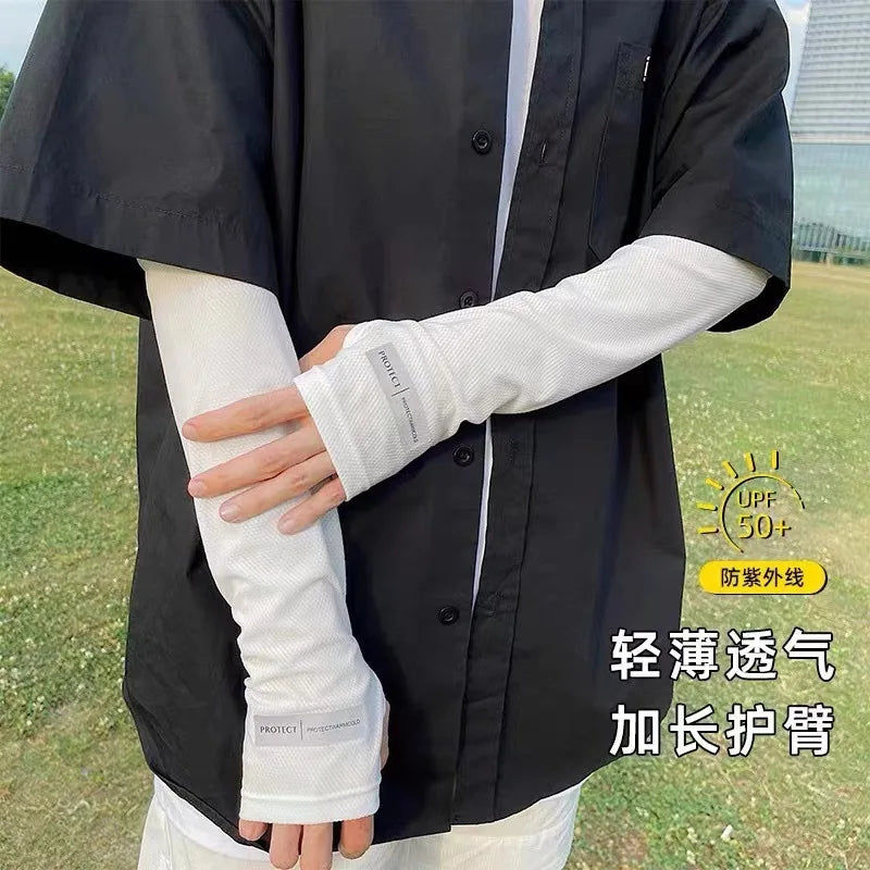 Men's Ice Silk Sunscreen Sleeve Set Summer Driving Arm Sleeves Hand Large Size Loose Cycling Arm Protection Sleeves Ice Sleeve Peaceful Pleasures Health and Wellness white