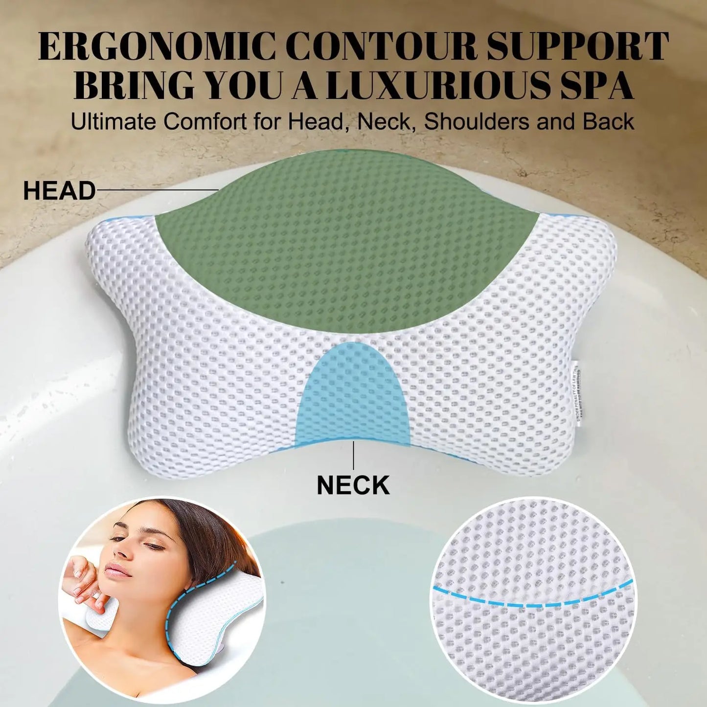 Luxury Spa Bathtub Pillow – Quick-Dry Air Mesh with 4 Suction Cups Peaceful Pleasures Health and Wellness