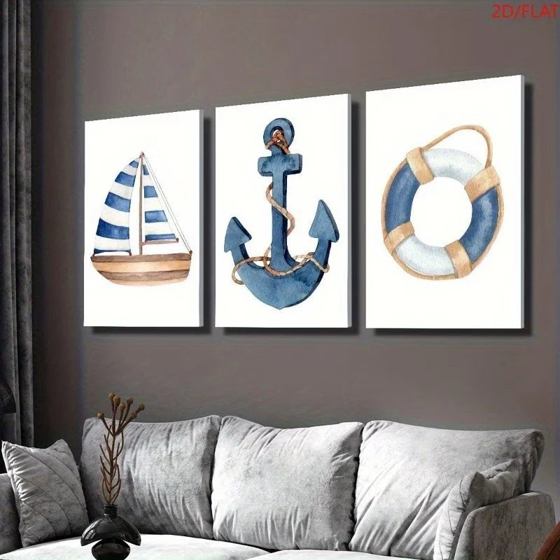 3-Piece Watercolor Sailboat Nautical Canvas Wall Art Set