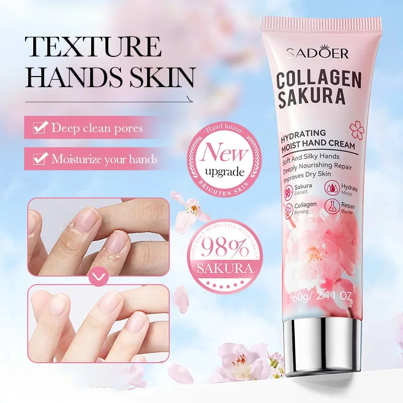 SADOER Sakura Collagen Hand Cream Moisturizing & Nourishing, Brightening Care, Anti-Wrinkle Anti-Crack Cream for Hands 60G Peaceful Pleasures Health and Wellness