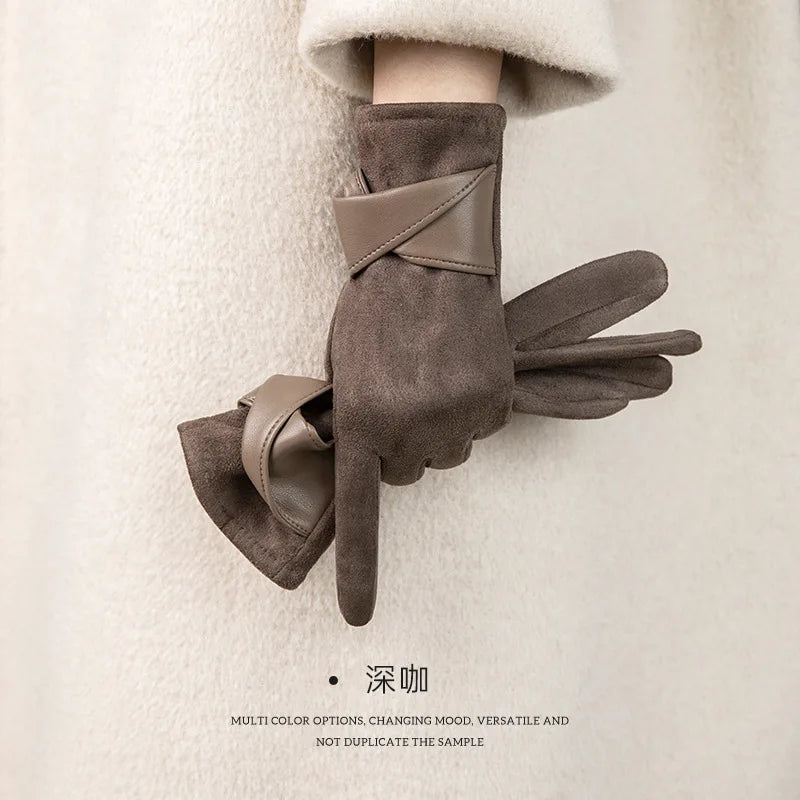 Women's Suede Touchscreen Winter Gloves – Warm Velvet Bow