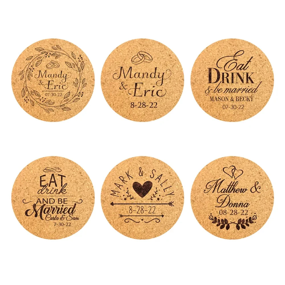 10-Pack Personalized Cork Coasters | Wedding Favors & Decor