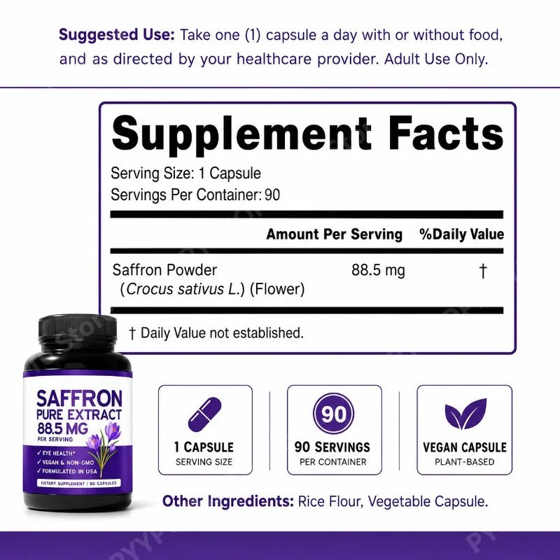 Saffron Extract 88.5mg Vegan Capsules – 90ct | Eye Wellness