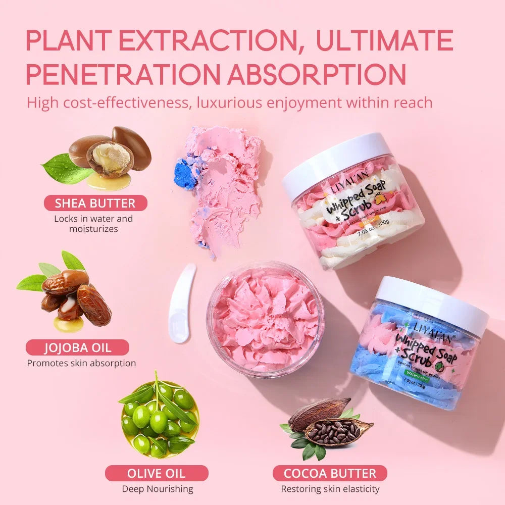 Vegan Whipped Soap & Scrub – Exfoliating Body Wash in Fruity Scents Peaceful Pleasures Health and Wellness