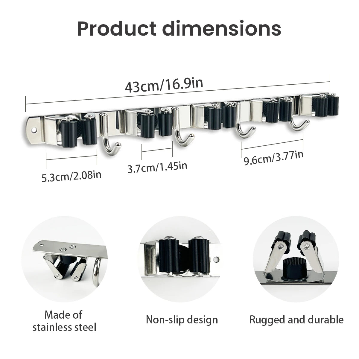 4-Hook Adhesive Broom Mop Organizer Stainless Steel Wall-Mounted Non-Slip Rack Storage Solution for Home Kitchen Garden Laundry Peaceful Pleasures Health and Wellness