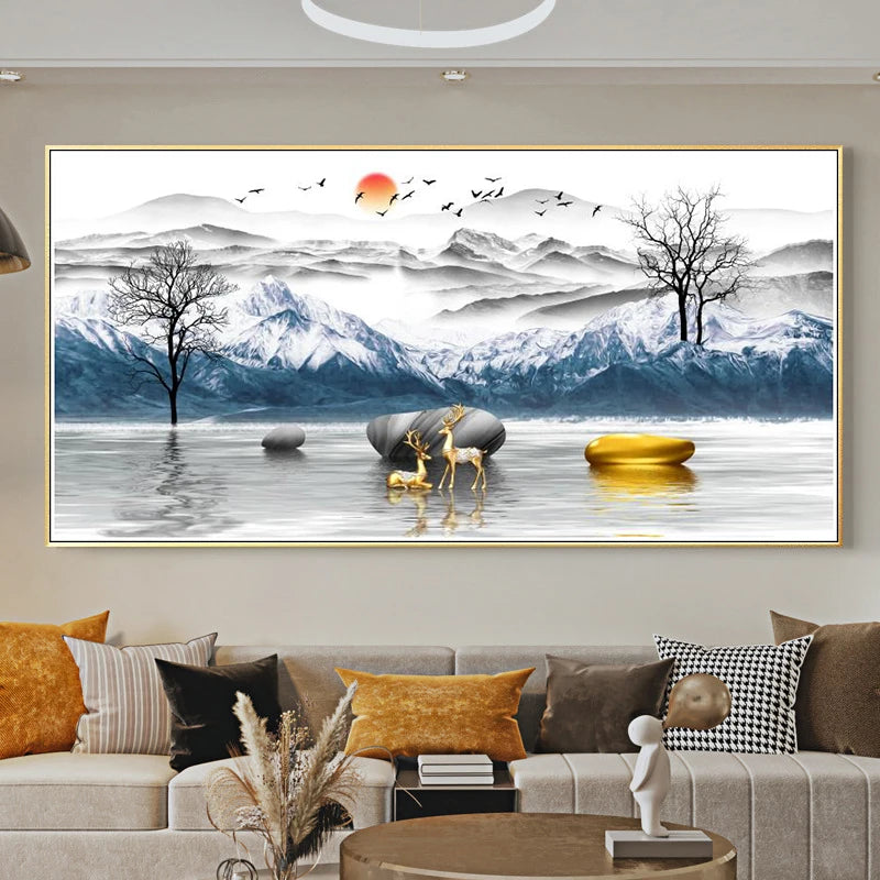 Chinese Feng Shui Golden Rich Tree Canvas Painting Wall Art Deer Landscape Lucky Stone Posters Wall Art for Living Room Decor Peaceful Pleasures Health and Wellness