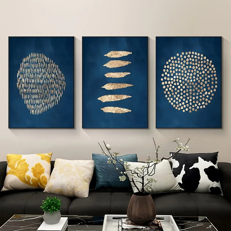 3pcs Navy Blue and Golden Wall Art Paintings, Frameless Canvas Poster, Modern Abstract Wall Art Poster, for Home Decor Peaceful Pleasures Health and Wellness
