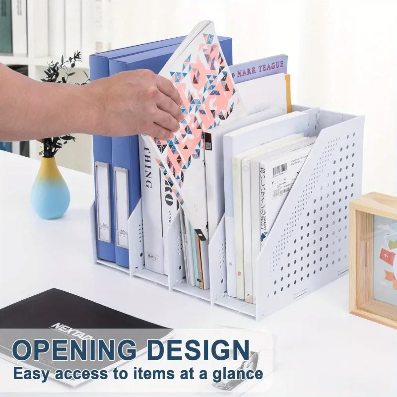 Foldable Magazine File Organizer – 4-Compartment Desk Rack