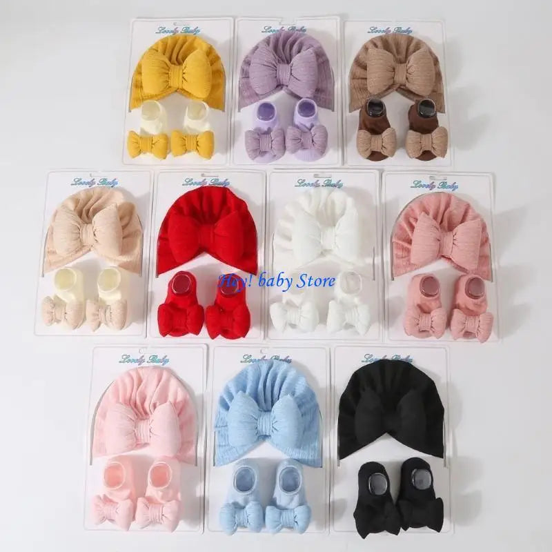 Baby Girl Turban Hat & Socks Gift Set | Soft Knit Cotton 0–3Y